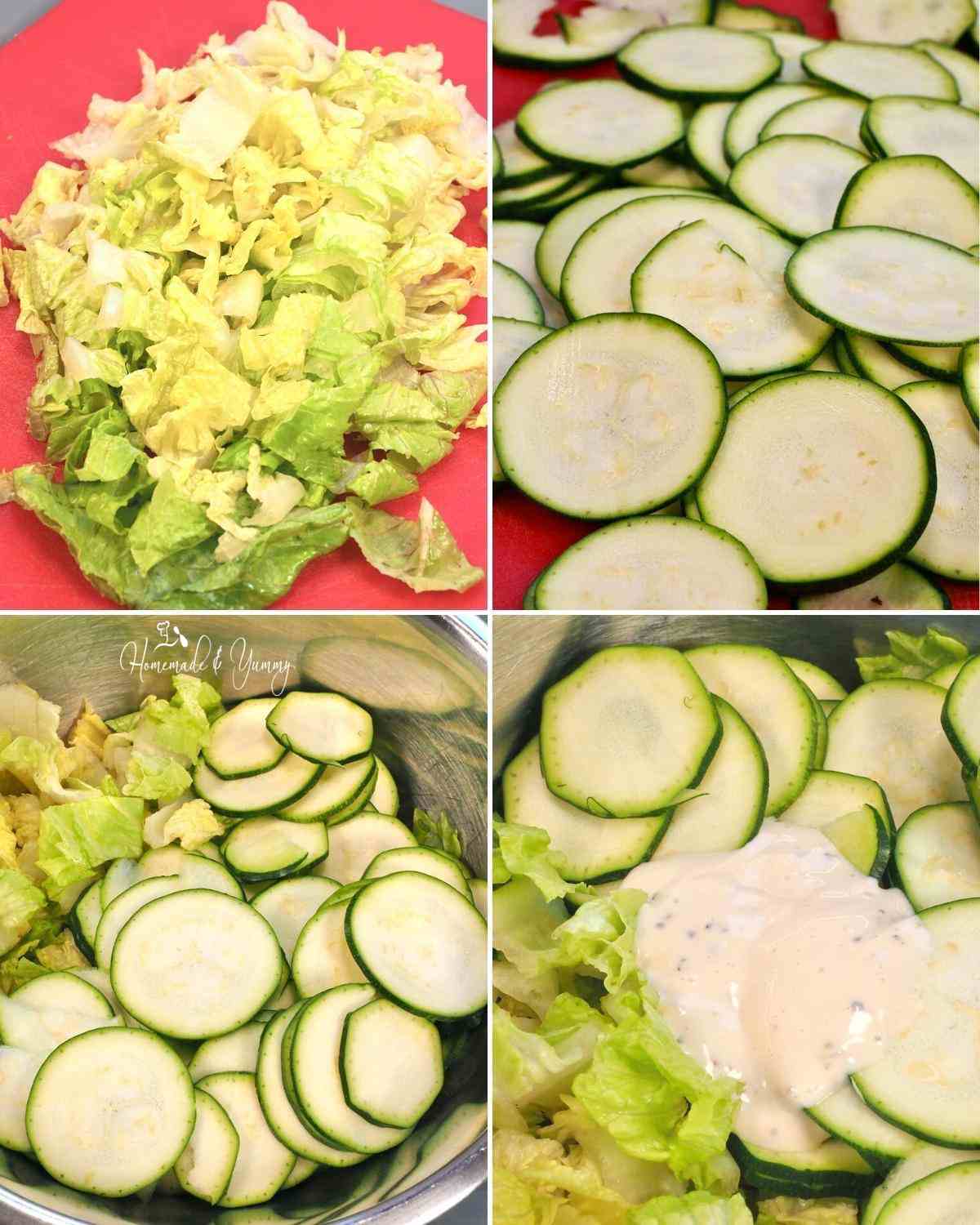 Steps in preparing zucchini in caesar salad.