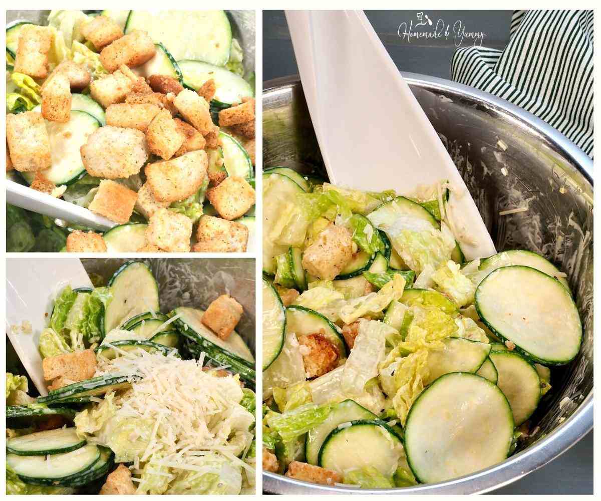Mixing the zucchini salad with caesar ingredients.