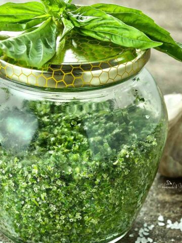 A jar of fresh herb salt.