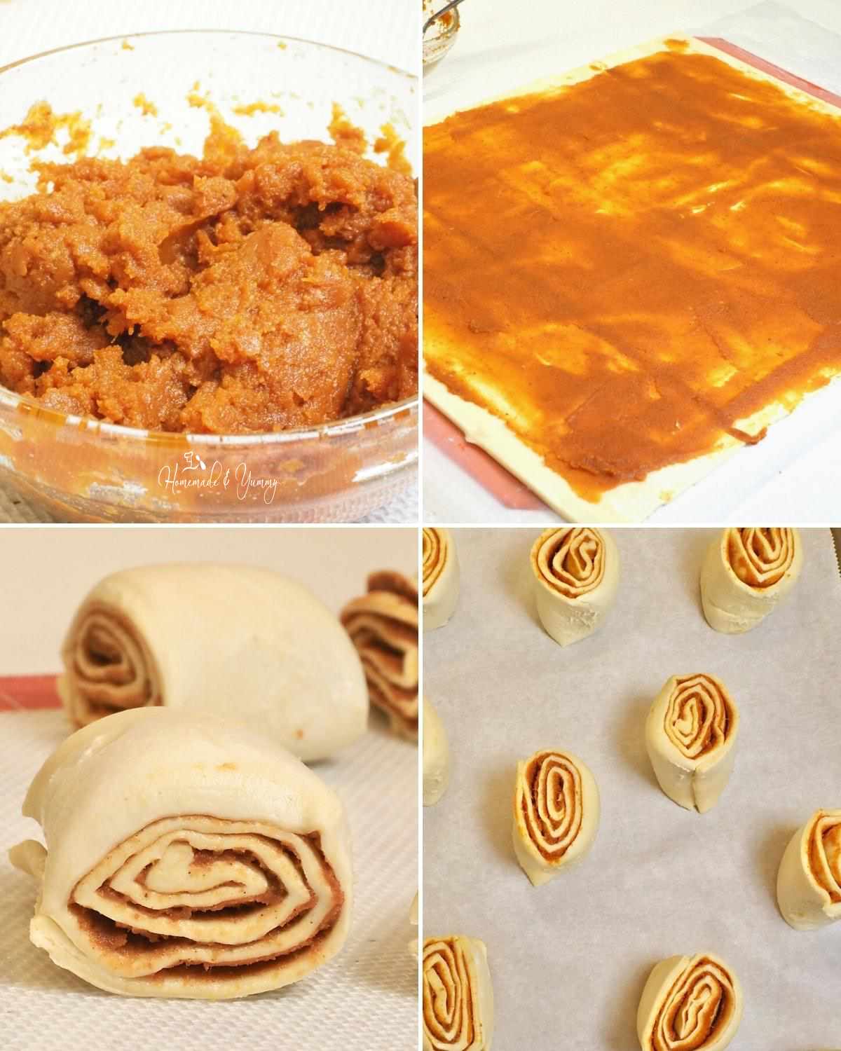 Steps in filling, rolling and cutting pumpkin rolls.