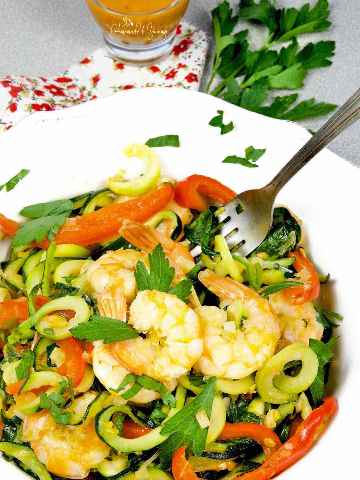 Easy dinner with shrimp and zucchini noodles.
