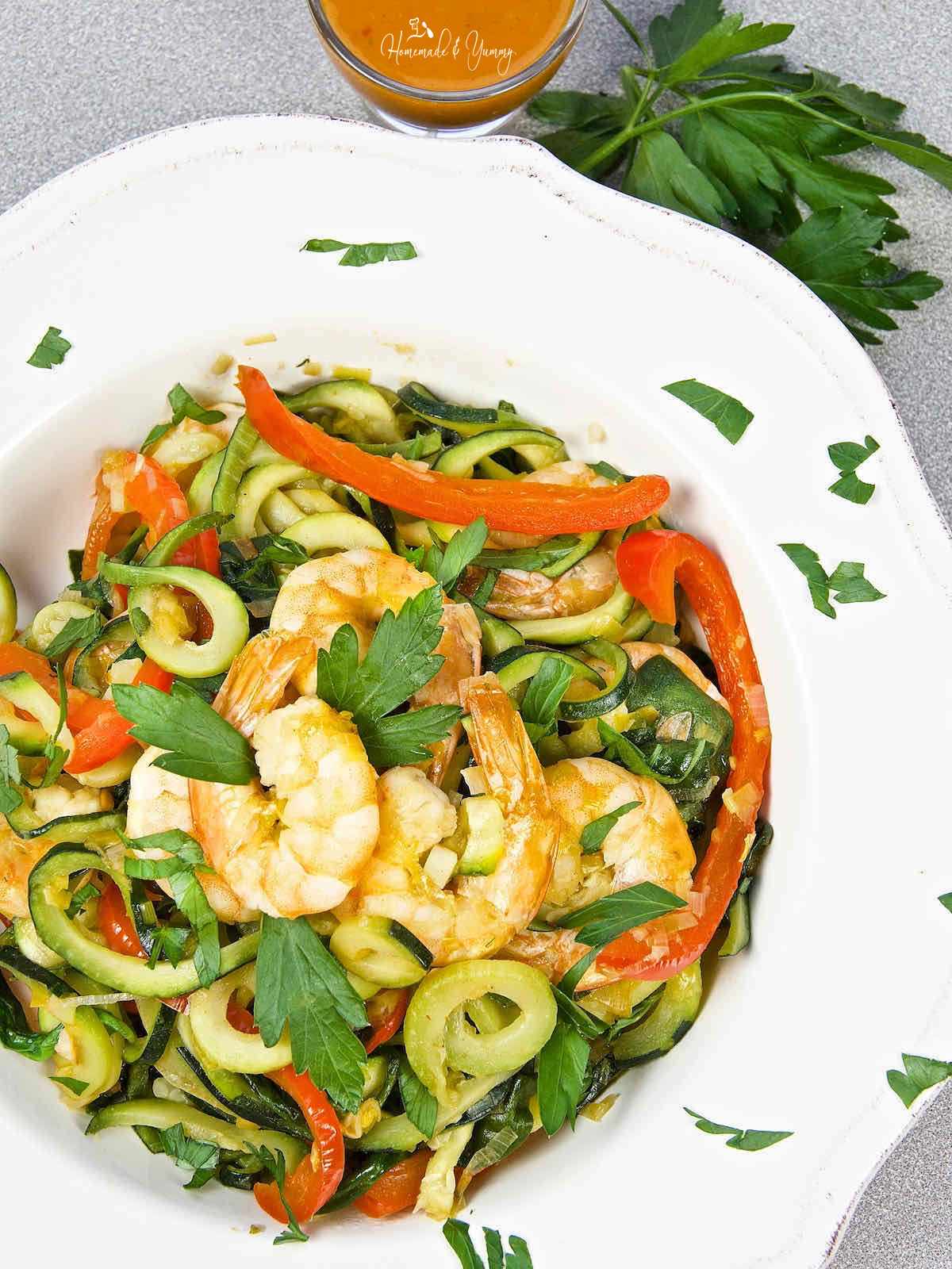 Zucchini Noodles and Shrimp healthy stir fry for dinner.