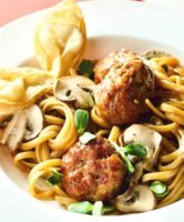 Chinese Spaghetti and Meatballs with mushrooms and wontons.
