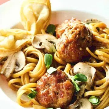 Chinese Spaghetti and Meatballs with mushrooms and wontons.