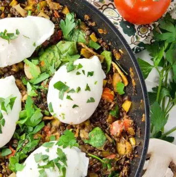 Poached Eggs and Lentil Hash ready to eat.