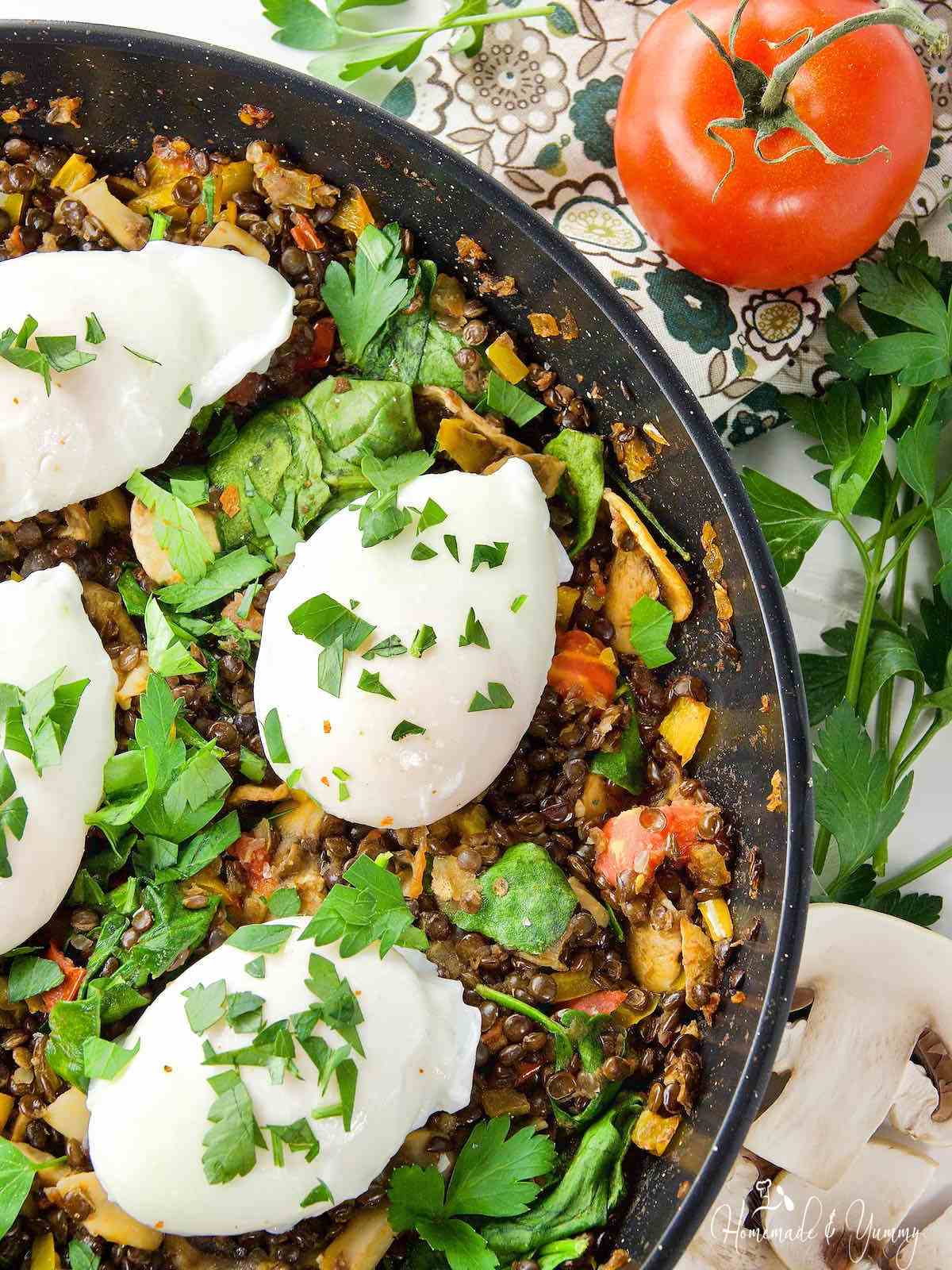 Poached Eggs and Lentil Hash ready to eat.