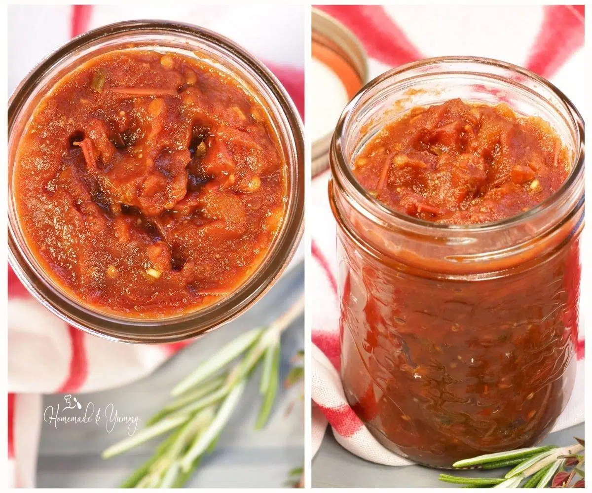 A jar of homemade savory balsamic tomato jam.