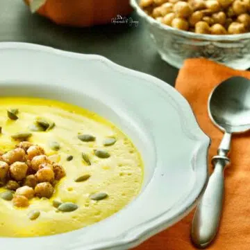 Easy Roasted Pumpkin Soup with chickpea garnish.