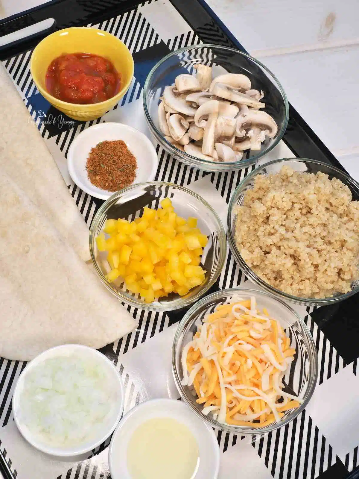 Ingredients needed to make vegetarian burritos with quinoa.