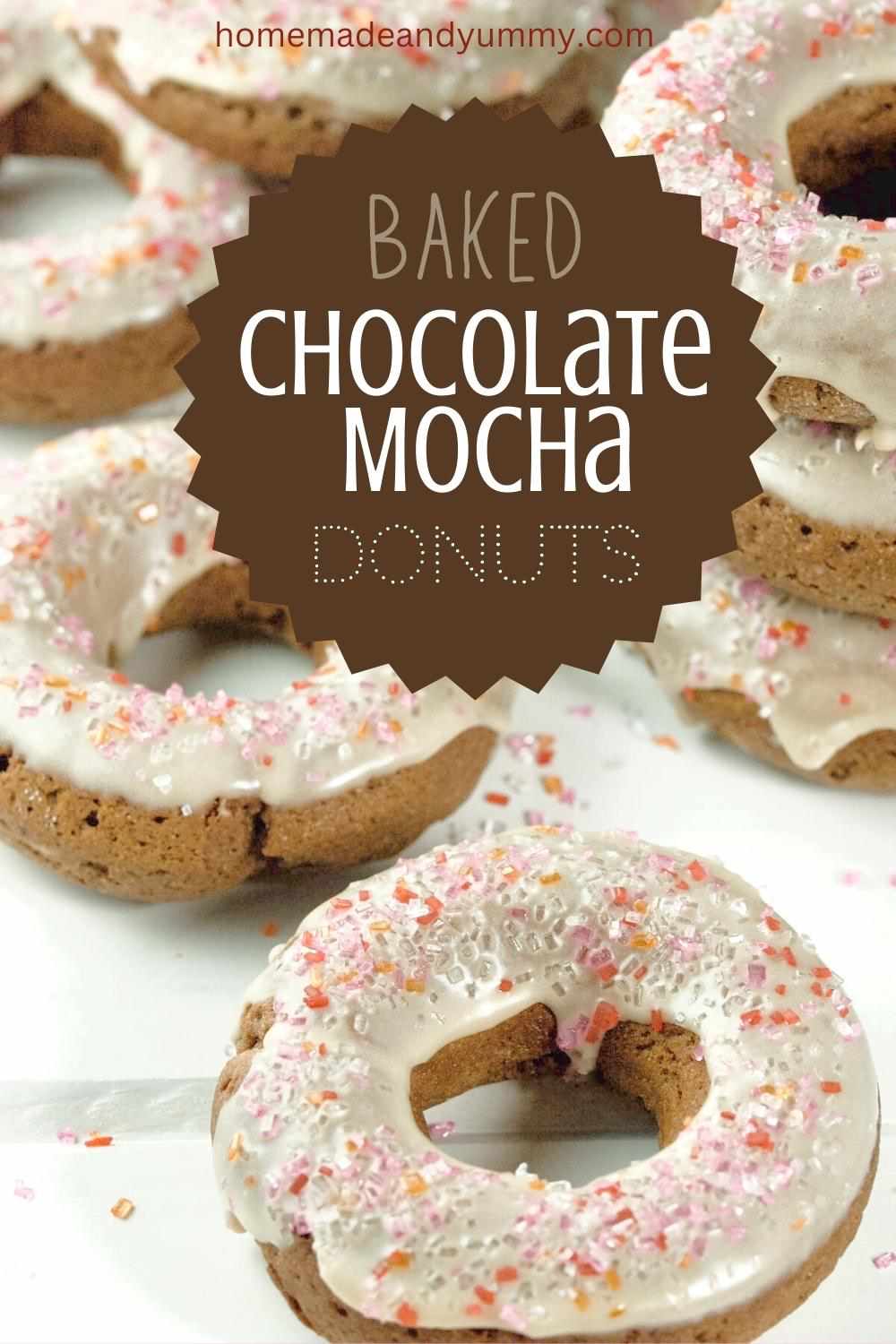 Pin image for chocolate baked donuts with coffee.