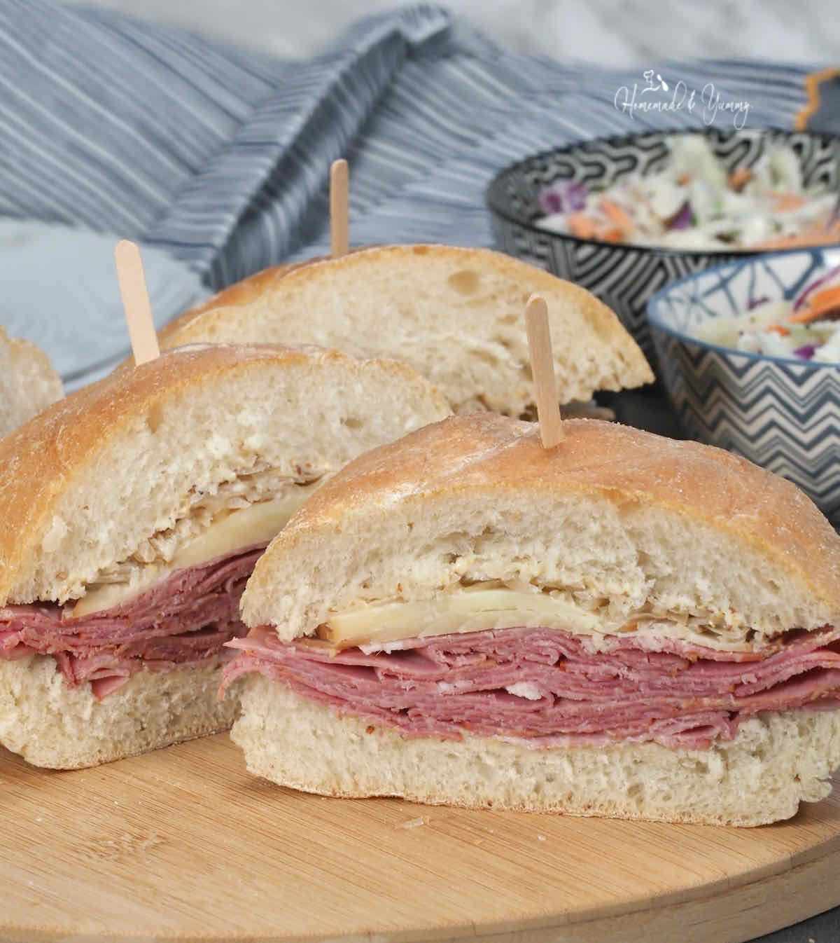 Sliced corned beef sandwich made at home.