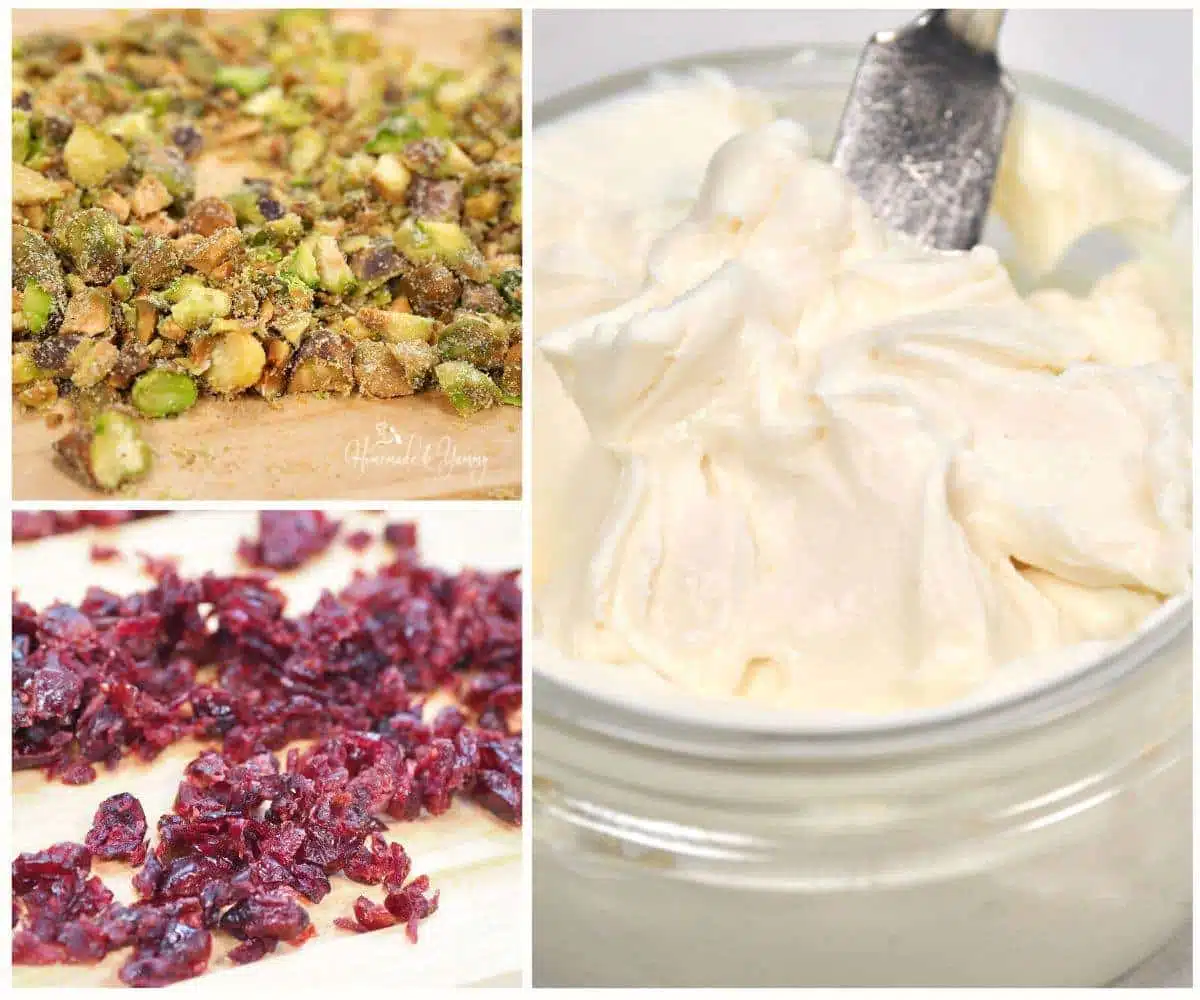 Cream cheese, cranberries and pistachios for the party appetizer.
