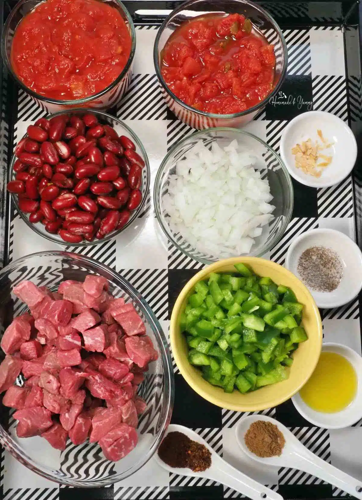 Ingredients to make steak chili.
