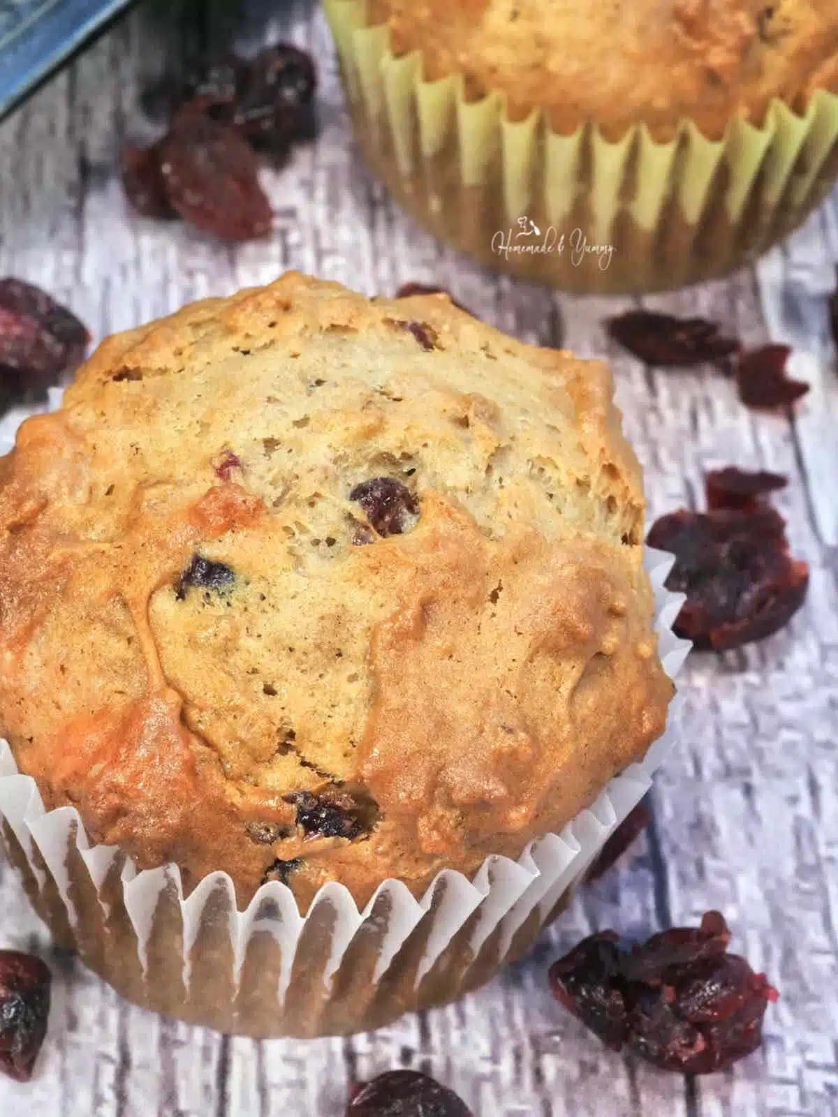 Cranberry muffin made with bran flakes and orange extract.