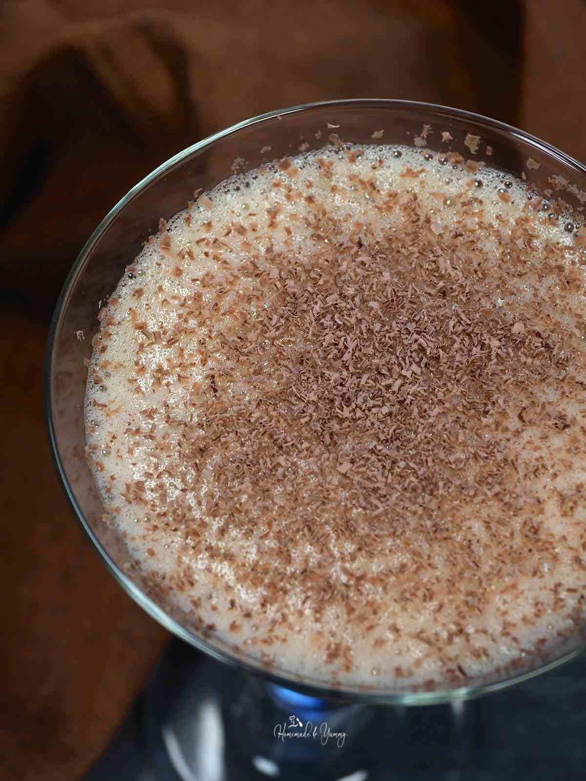 Chocolate shavings on a coffee martini.