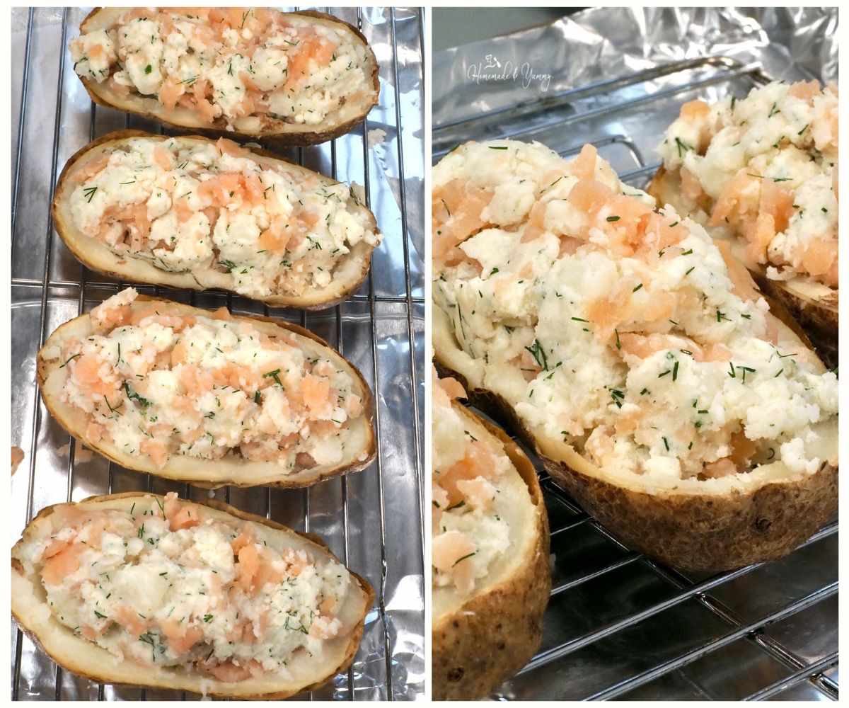 Stuffing the baked potatoes with the smoked salmon filling.