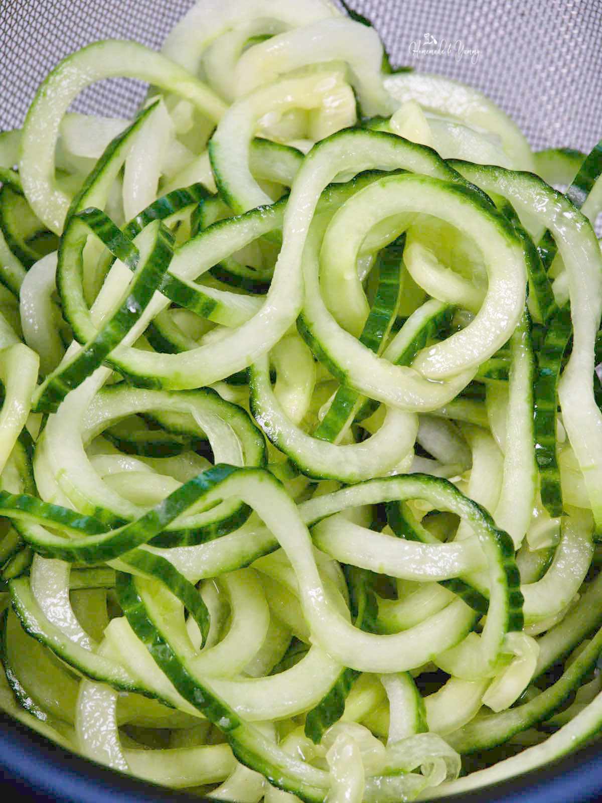 Cucumber noodles ready for the adding with the smoked salmon.