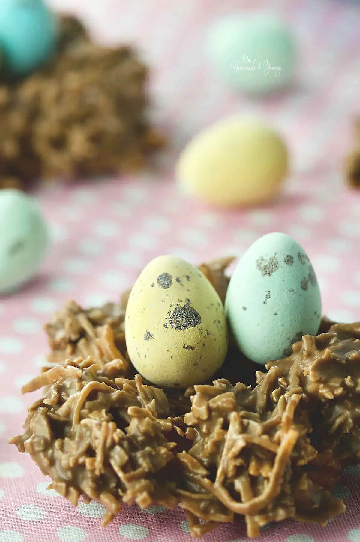 Easter egg bird nest treats made with chocolate and coconut.