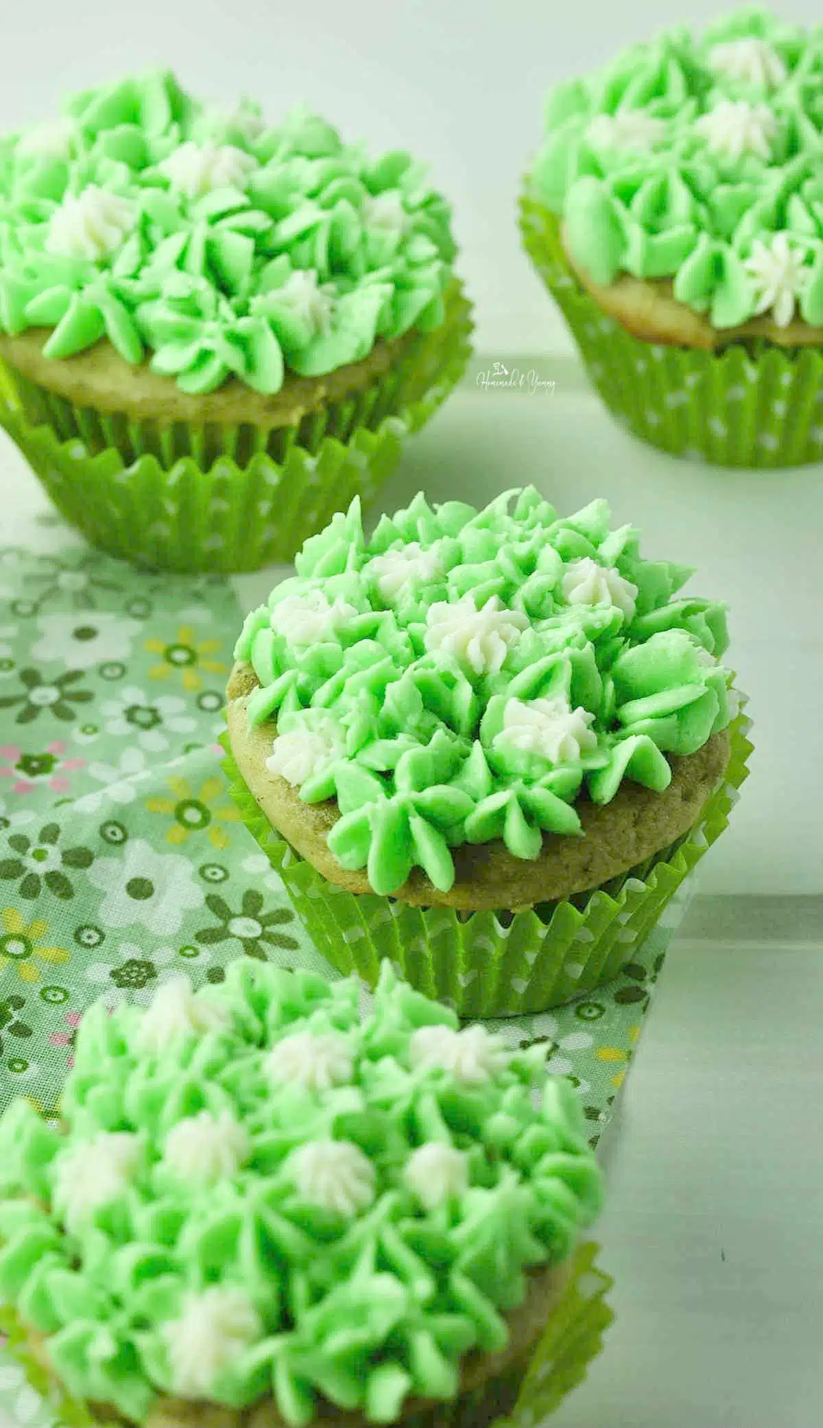 Matcha powder cupcakes made with cake mix.