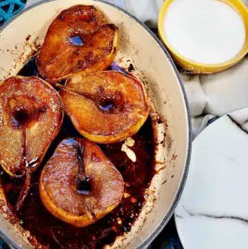 Roasted pears with balsamic glaze.