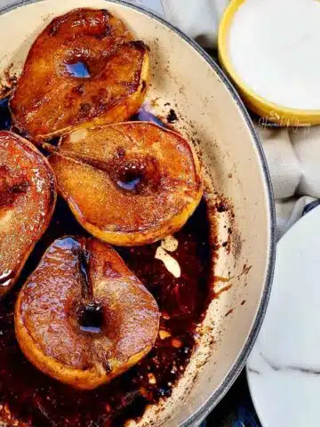 Roasted pears with balsamic glaze.