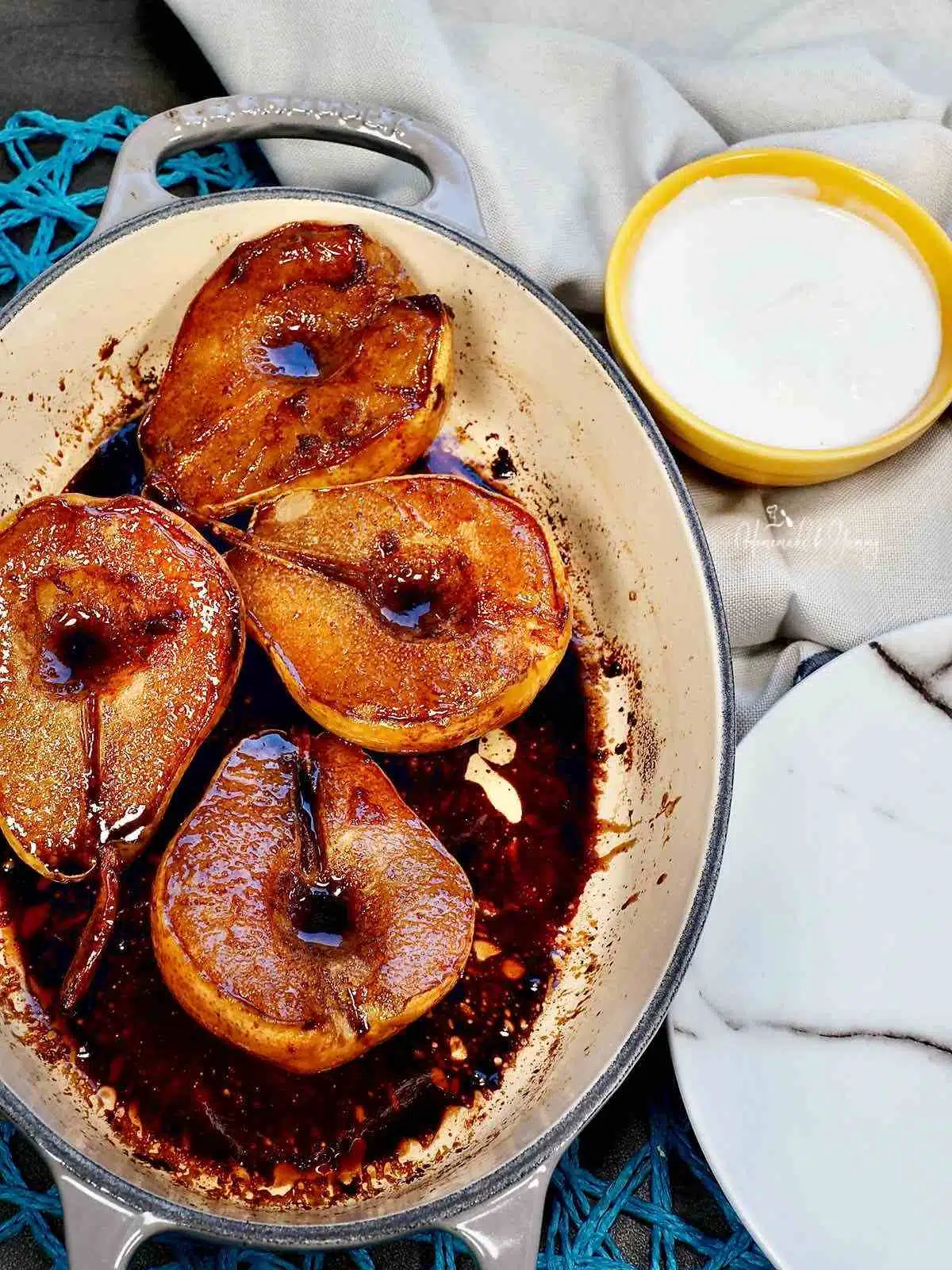 Easy roasted pears recipe with espresso balsamic glaze.