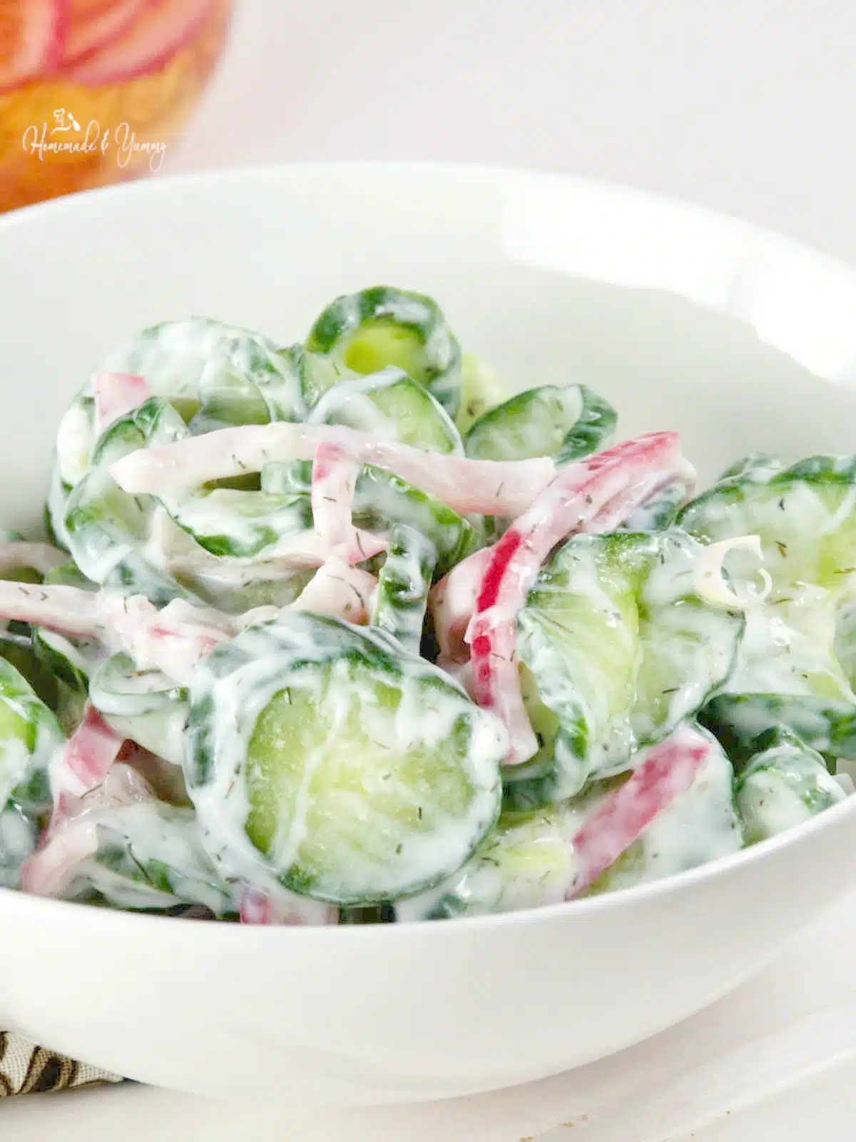Creamy cucumber and onion salad with no mayo.