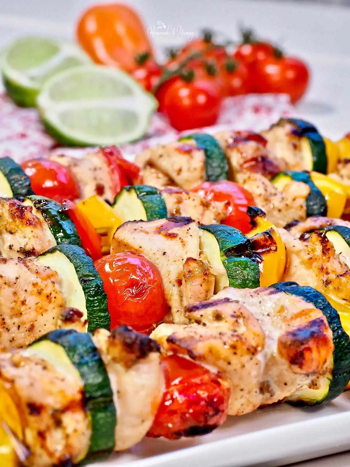 Chicken kabobs with chili lime seasoning.