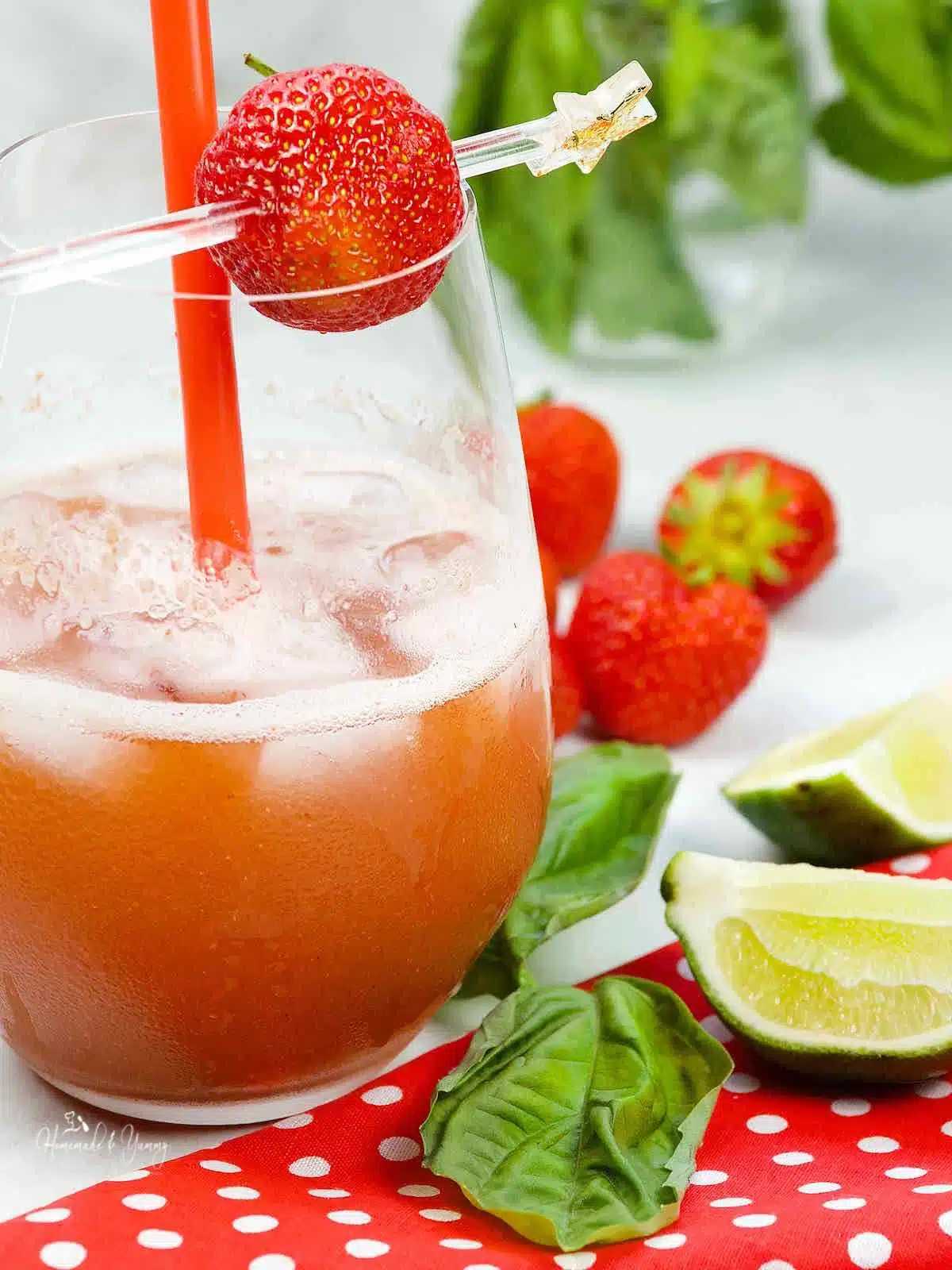 Summer cocktail with strawberries, basil and tequila.