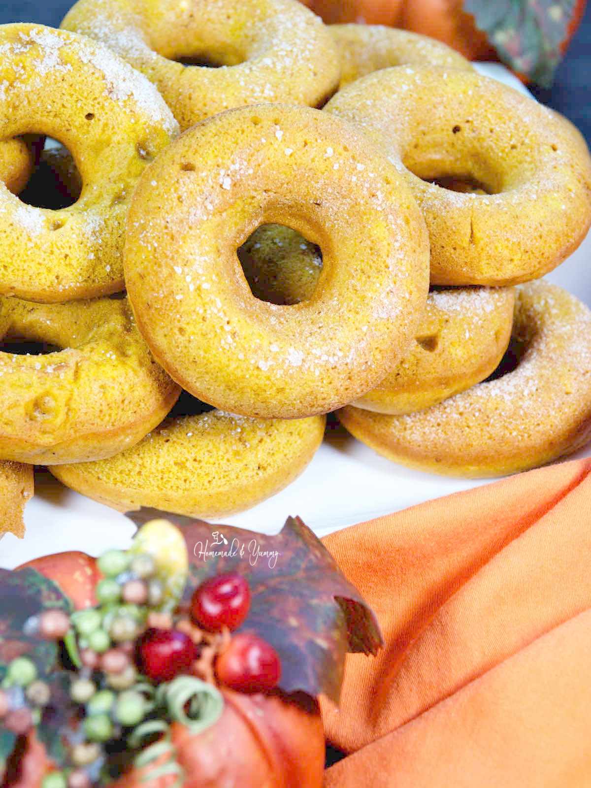 A plate of baked pumpkin donuts ready to eat.
