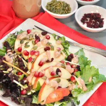 Easy Harvest Salad with apples and creamy pomegranate dressing.