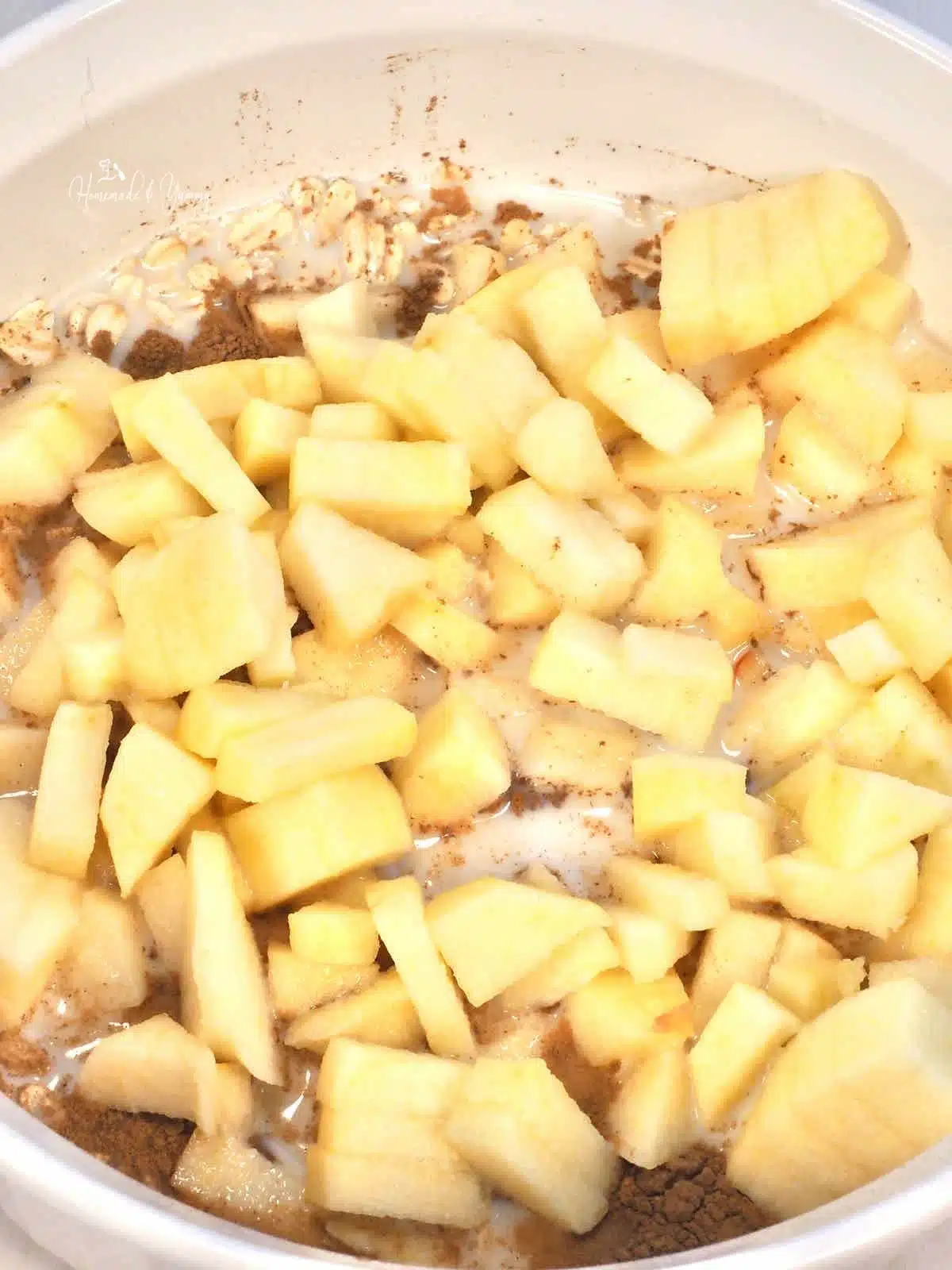 Apples, oats and other ingredients in a bowl.