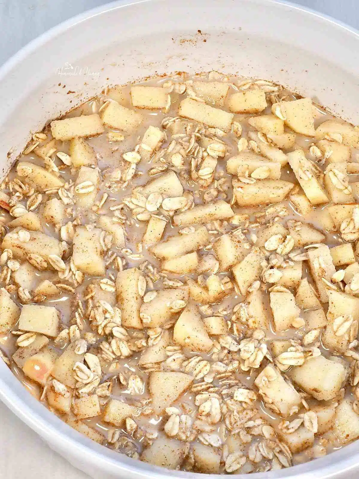Apple oatmeal getting ready to bake.