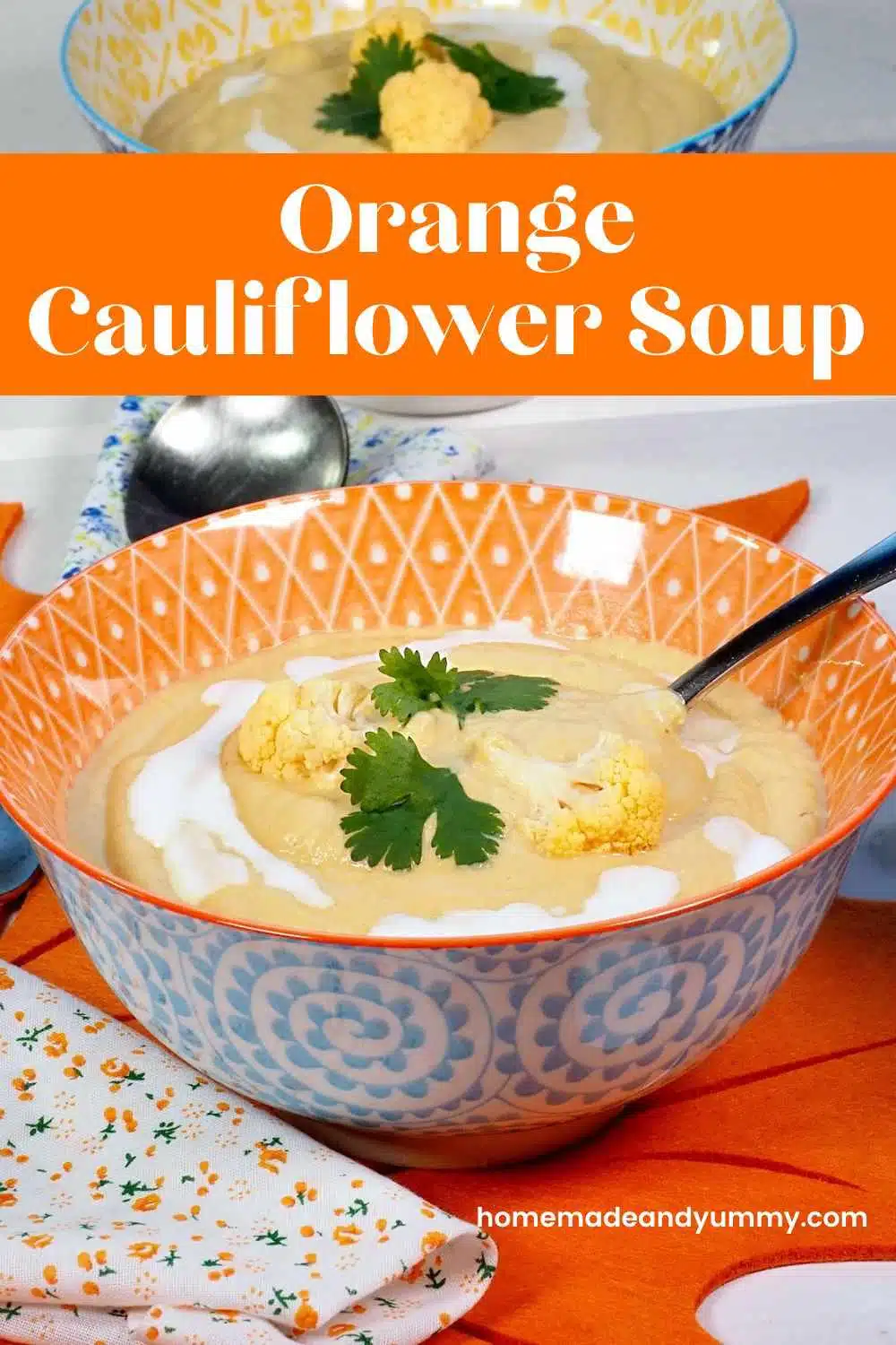 Curried Orange Cauliflower Blender Soup pin image.