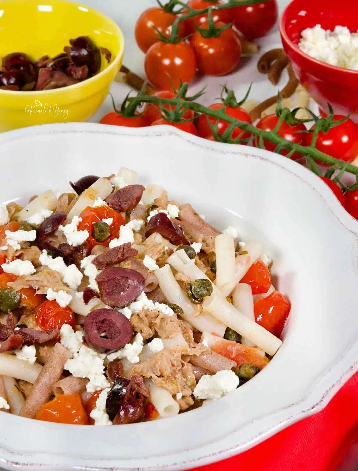 Easy canned tuna pasta toss with Mediterranean flare.