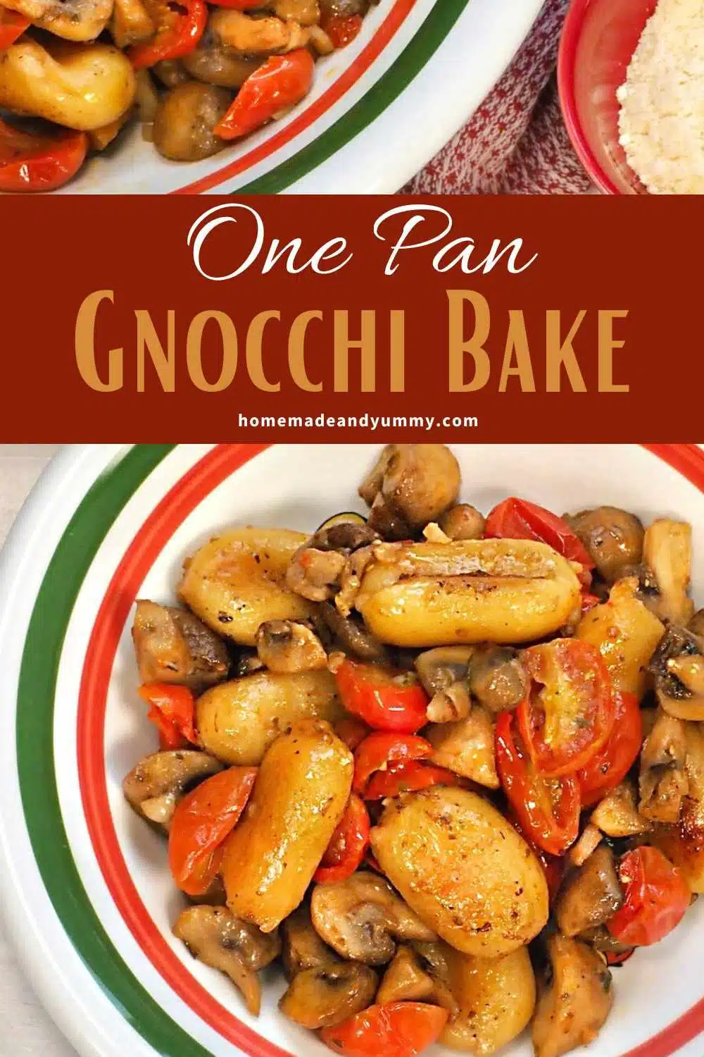 Easy one pan gnocchi with mushrooms and tomatoes.