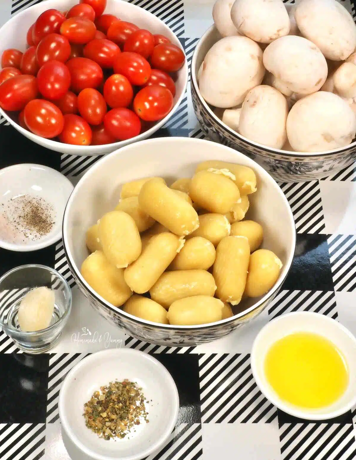Ingredients for sheet pan baked gnocchi.