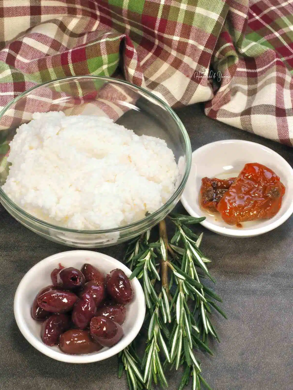 Ingredients for making a dip with ricotta cheese.