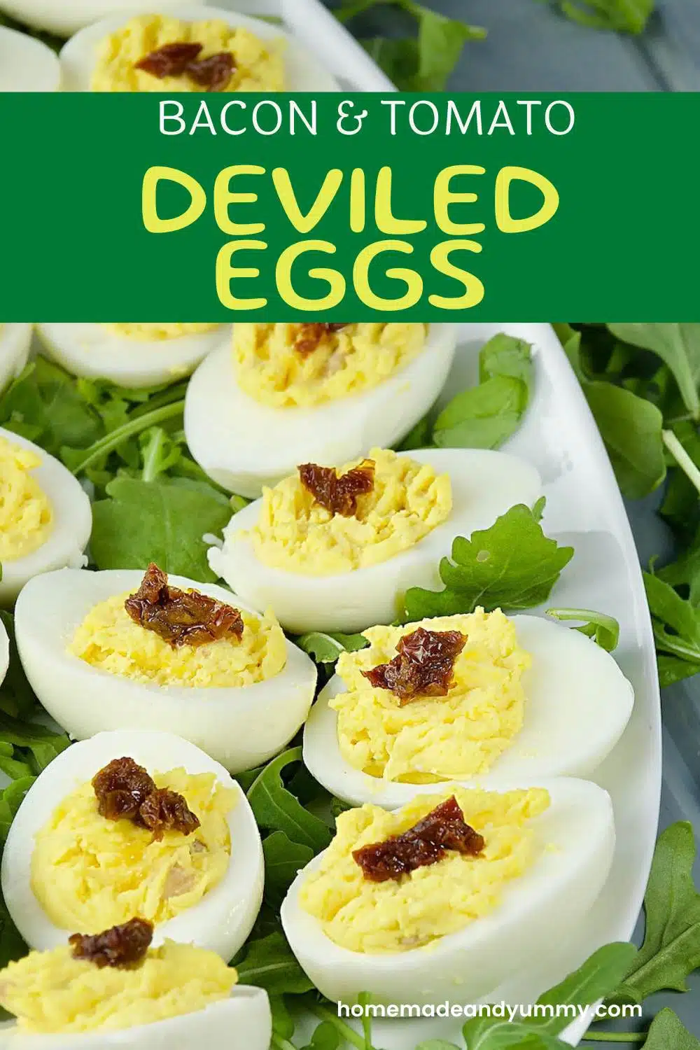 Easy devilled eggs with bacon and tomatoes.