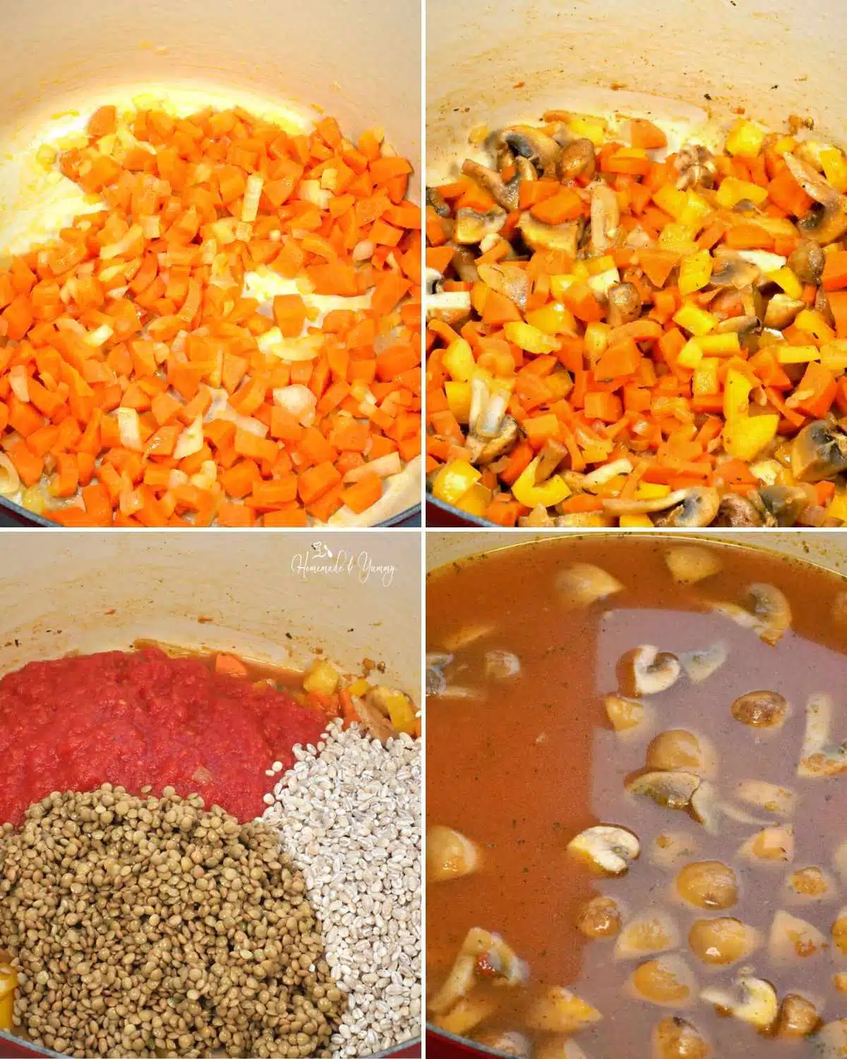 Steps in making vegan soup with barley, lentils and vegetables.