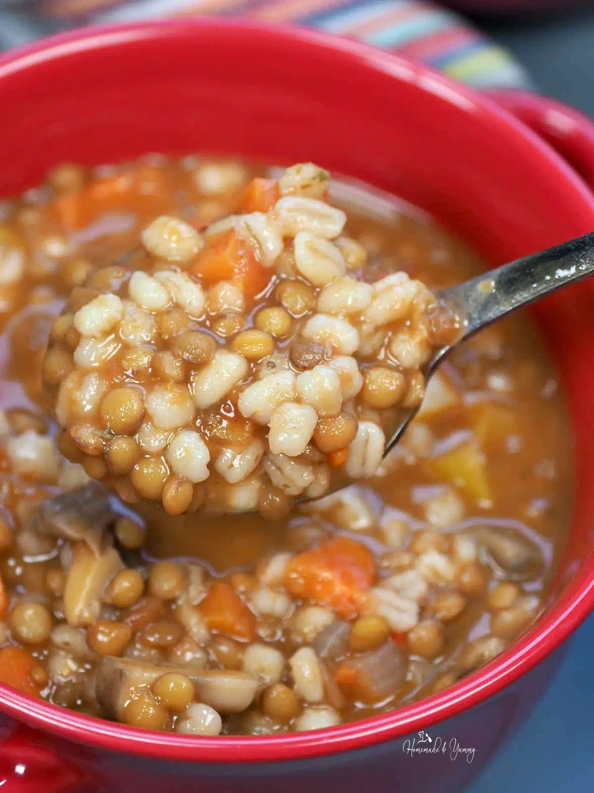 A spoonful of vegetarian soup packed with veggies, barley and lentils.