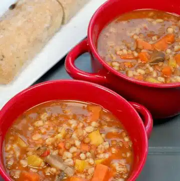 Vegetarian lentil barley soup with vegetables.