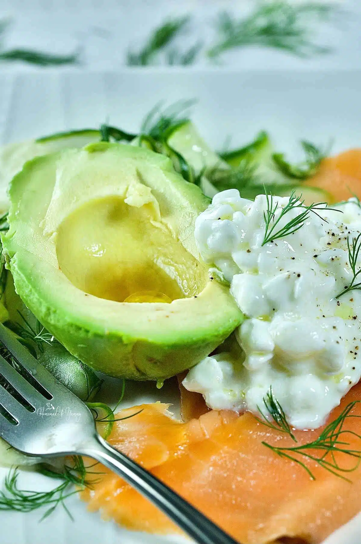 Cold smoked salmon plate for dinner with cottage cheese and avocado.