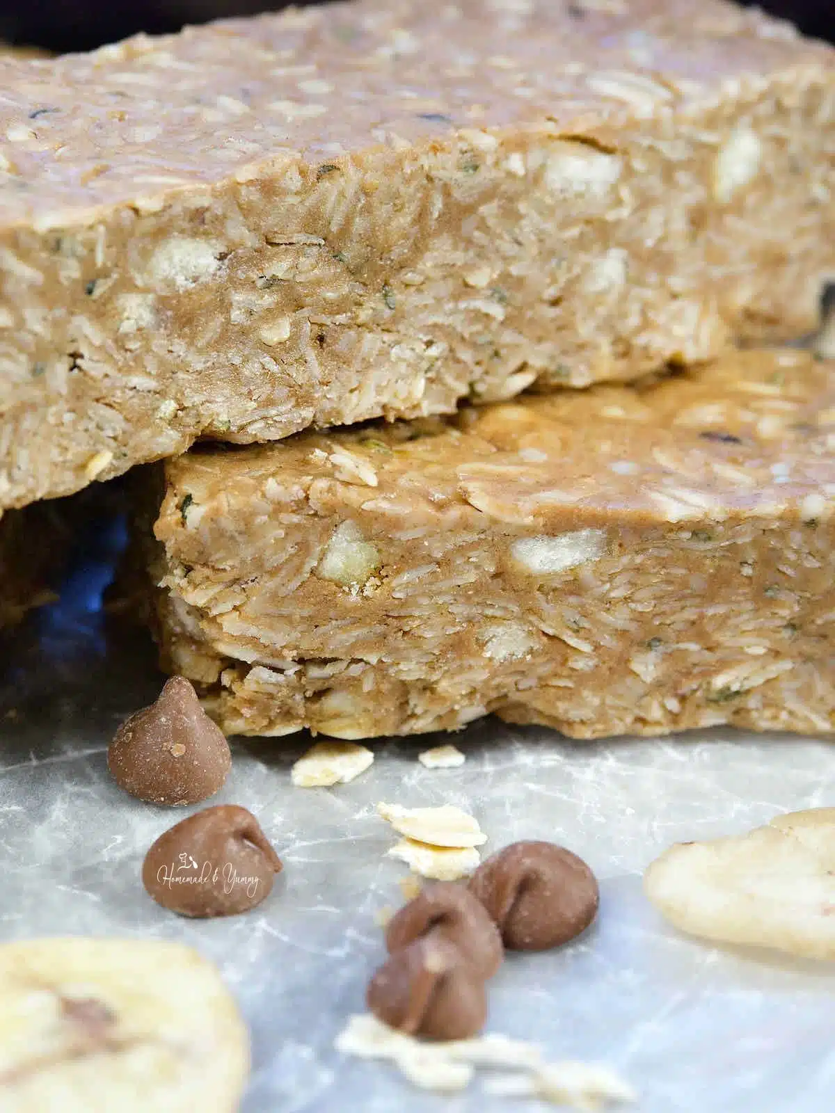 No-bake homemade granola bars with peanut butter and chocolate chips.