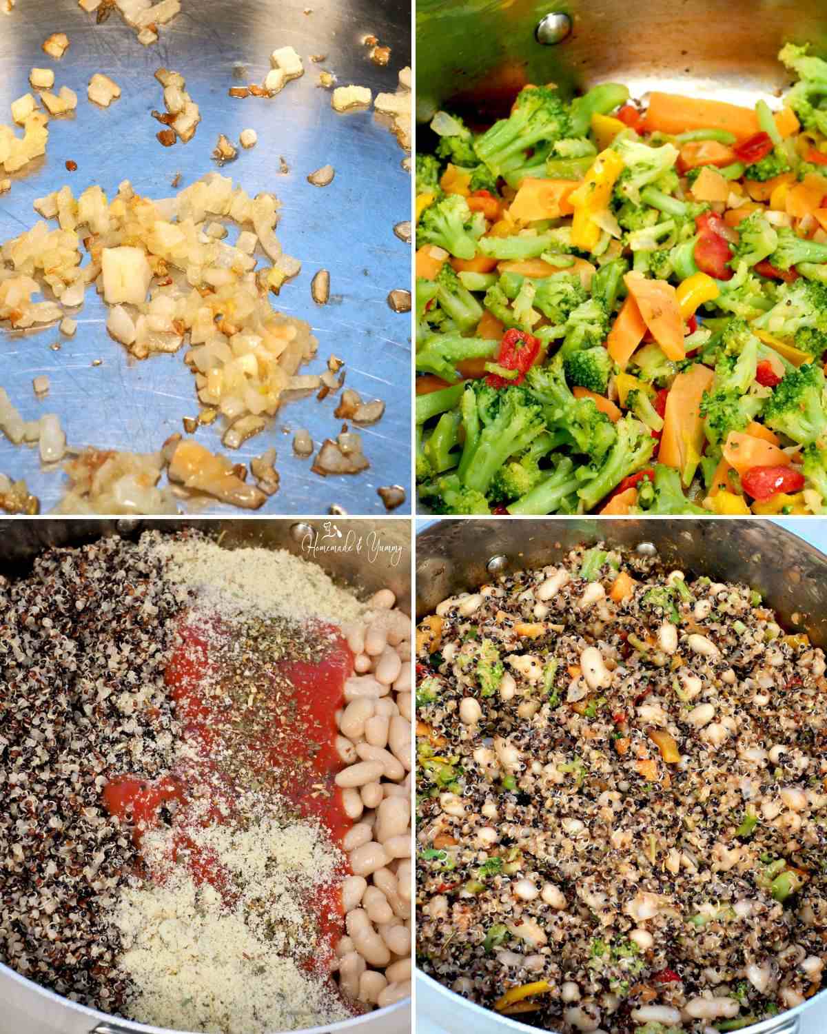 Steps in preparing vegetarian quinoa bake.