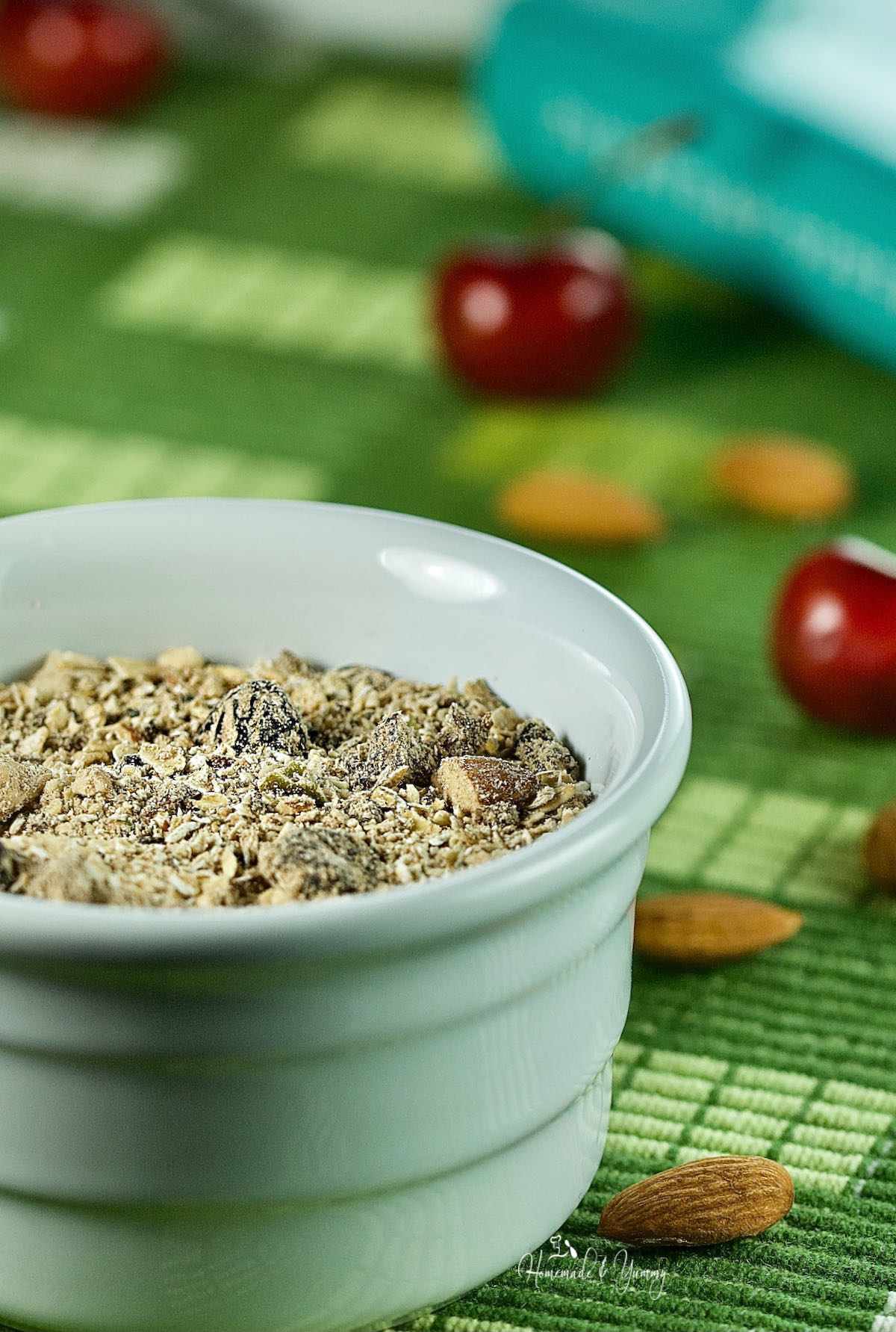 Homemade granola with nuts, seeds, chocolate and coffee.