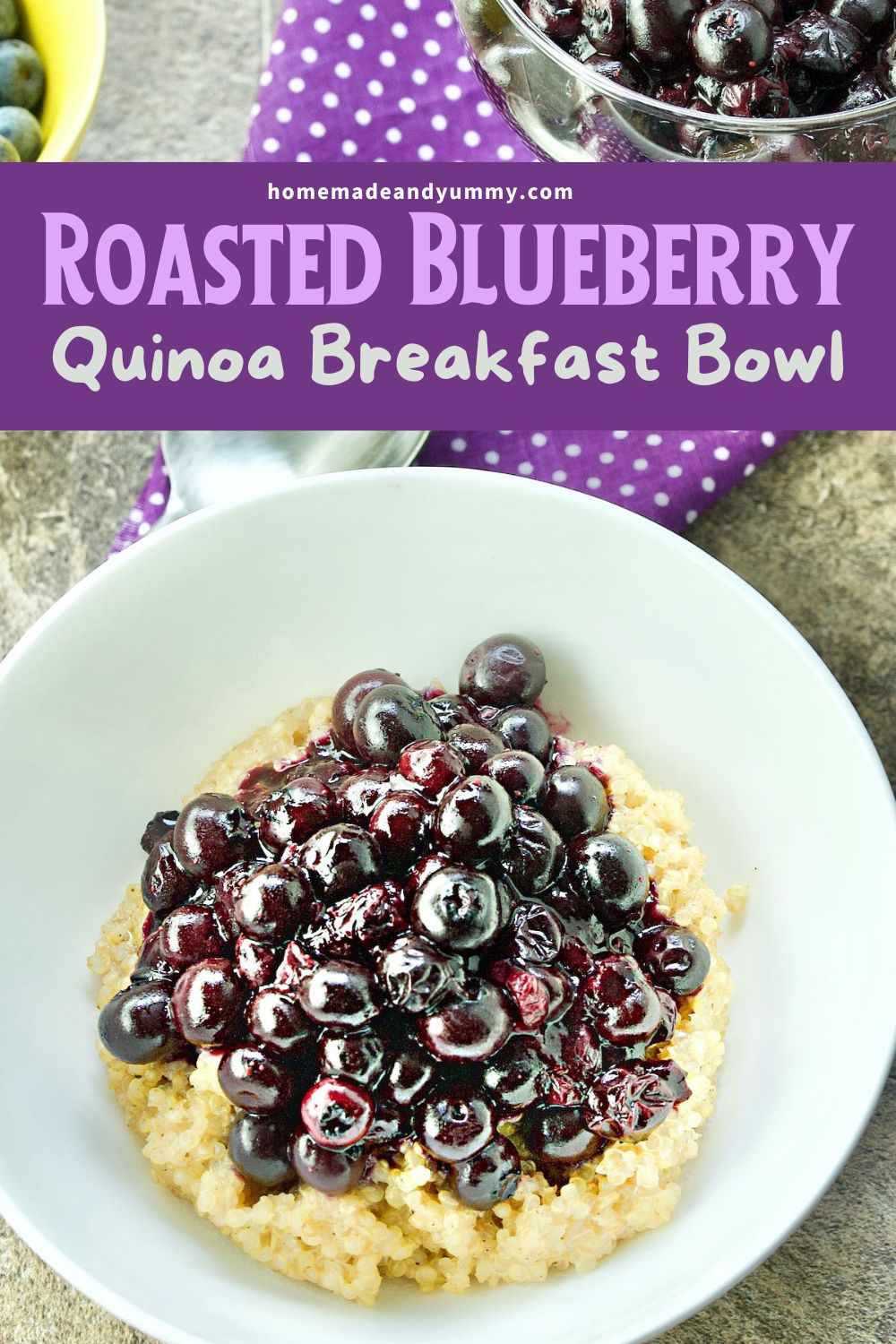 Breakfast quinoa topped with roasted blueberries.