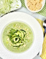 Gazpacho soup recipe made with zucchini and cucumbers.
