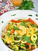 Easy zucchini noodles with shimp and red peppers.