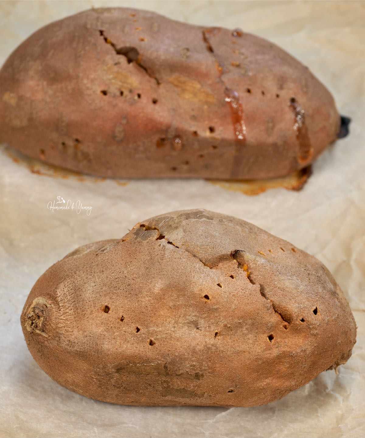 Perfectly baked sweet potatoes right out of the oven.